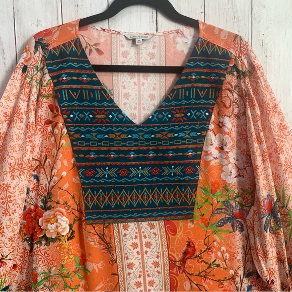 New John Mark Embroidered V-Neck 3/4 Sleeve Tunic Boho Western Top 2X Bird Print - Picture 2 of 16